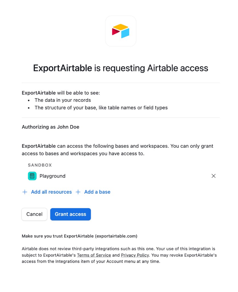 Airtable screen: Grant access for selected bases.