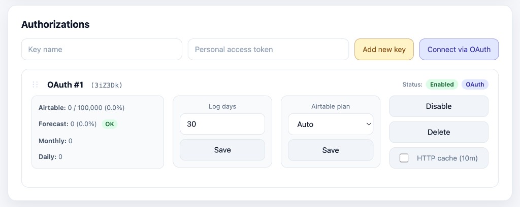 Authorization card showing OAuth connected and enabled.