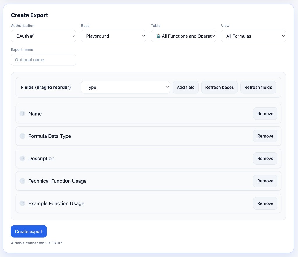 Create Export: base, table, view, and field list.