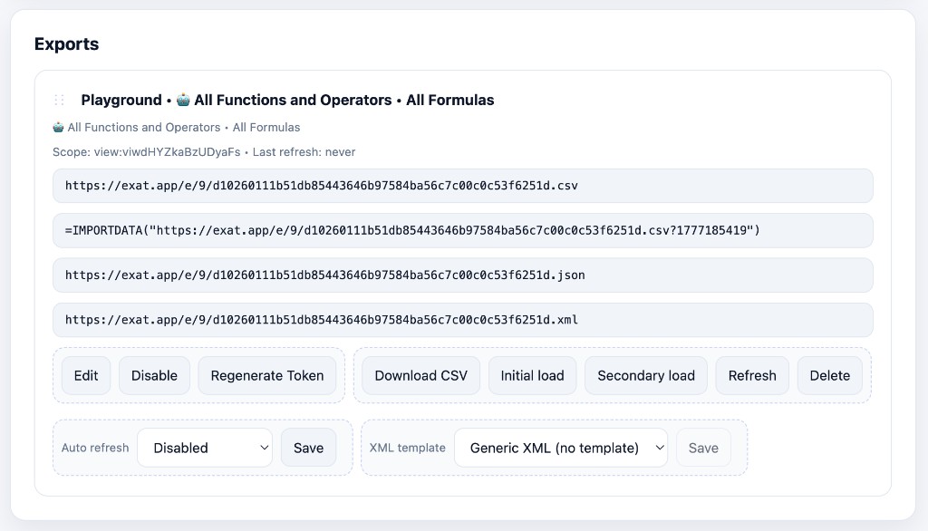 Export card with CSV link and IMPORTDATA formula.