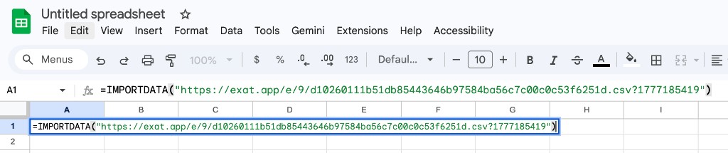 IMPORTDATA formula in Google Sheets cell A1.